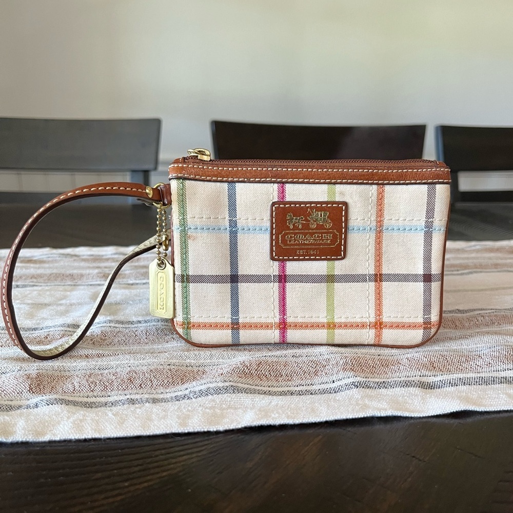 COACH Tattersall Signature Bleecker Plaid Canvas Leather Wristlet Wallet